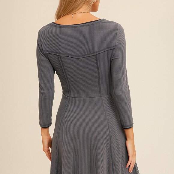 HEM & THREAD Deep Blue Ribbed Knit Skater Dress | Long Sleeve Henley Style - Picture 3 of 5